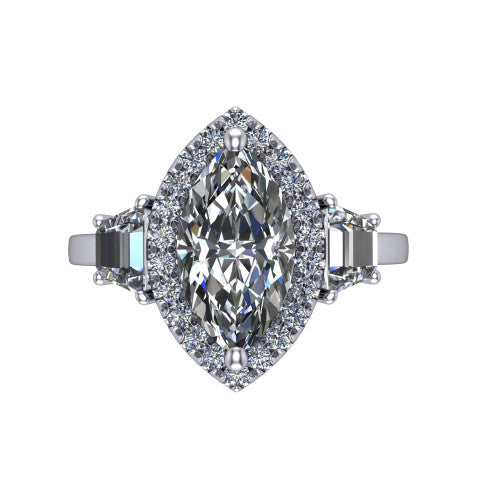 Anabella marquise halo engagement ring in Platinum, top-down view showing the marquise center halo and trapezoid side stones from above