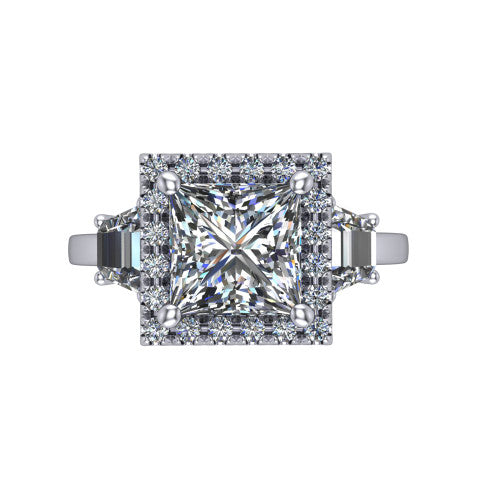 Anabella princess-cut halo engagement ring in Platinum, top-down view showing the princess-cut center halo and trapezoid side stones from above