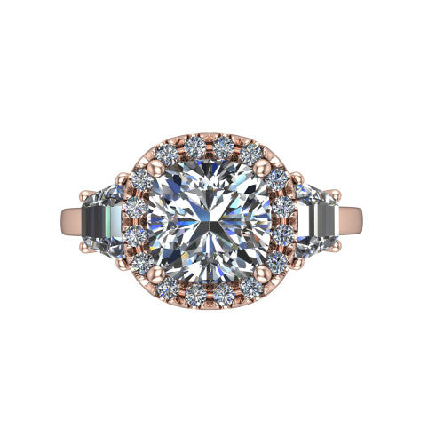 Anabella cushion halo engagement ring in 18K Rose Gold, top-down view showing the cushion center halo and trapezoid side stones from above