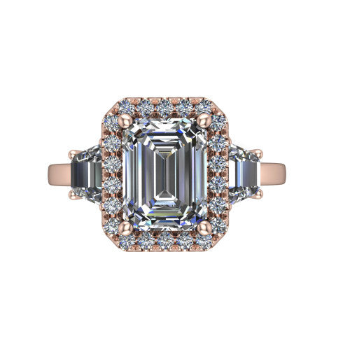 Anabella emerald-cut halo engagement ring in 14K Rose Gold, top-down view showing the emerald-cut center halo and trapezoid side stones from above