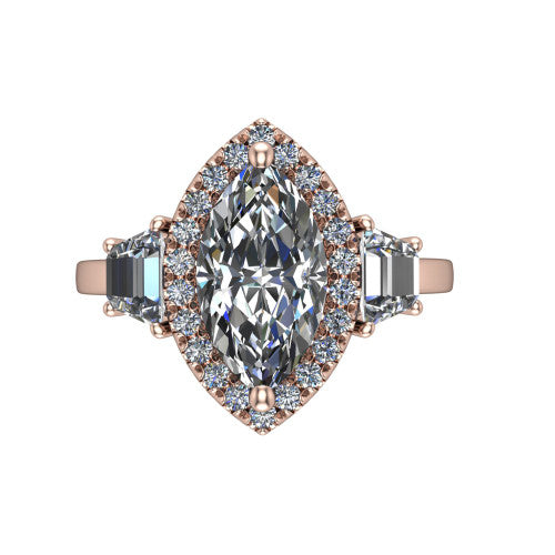 Anabella marquise halo engagement ring in 14K Rose Gold, top-down view showing the marquise center halo and trapezoid side stones from above