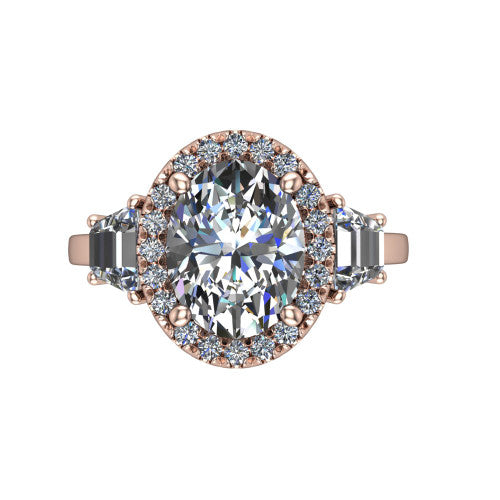 Anabella oval halo engagement ring in 18K Rose Gold, top-down view showing the oval center halo and trapezoid side stones from above