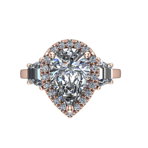 Anabella pear halo engagement ring in 14K Rose Gold, top-down view showing the pear center halo and trapezoid side stones from above