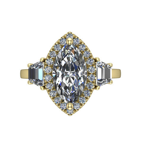 Anabella marquise halo engagement ring in 14K Yellow Gold, top-down view showing the marquise center halo and trapezoid side stones from above