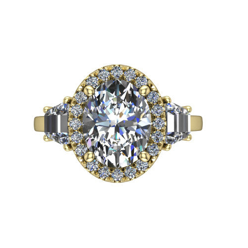 Anabella oval halo engagement ring in 18K Yellow Gold, top-down view showing the oval center halo and trapezoid side stones from above