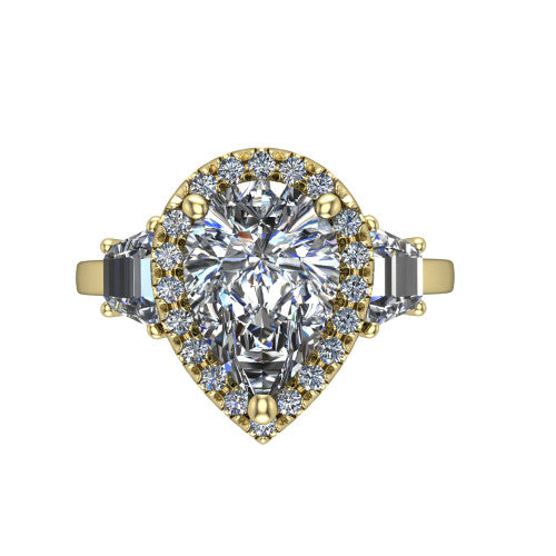 Anabella pear halo engagement ring in 18K Yellow Gold, top-down view showing the pear center halo and trapezoid side stones from above