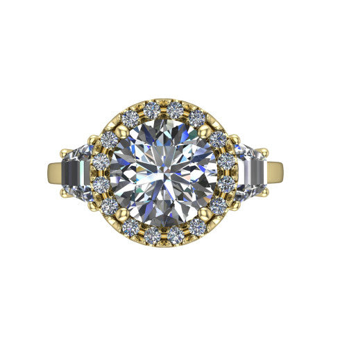 Anabella round halo engagement ring in 18K Yellow Gold, top-down view showing the round center halo and trapezoid side stones from above