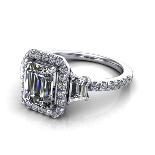 Amira Emerald Shape Halo Engagement Ring in 18K White Gold