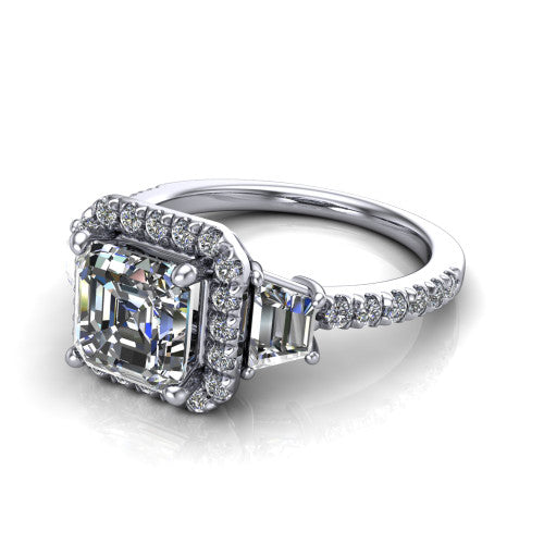 Amira Square Emerald Shape Halo Engagement Ring in 14K White Gold