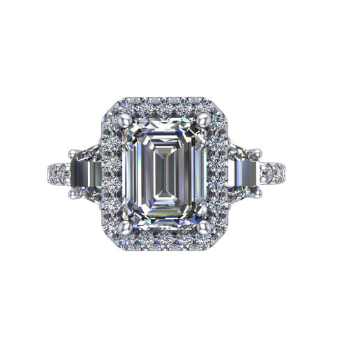 Amira Emerald Shape Halo Engagement Ring in Platinum