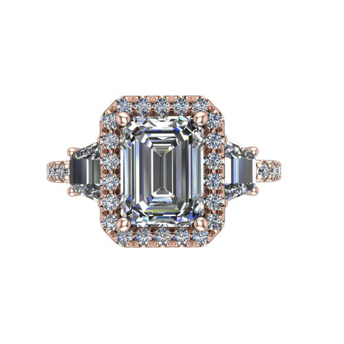 Amira Emerald Shape Halo Engagement Ring in 14K Rose Gold