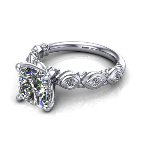 Nyla cushion solitaire engagement ring in 14K White Gold, three-quarter perspective showing the cushion center diamond above a vintage marquise-station accent band