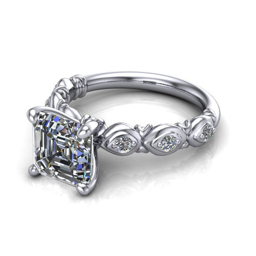 Nyla square emerald-cut solitaire engagement ring in 14K White Gold, three-quarter perspective showing the square emerald-cut center diamond above a vintage marquise-station accent band