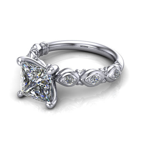 Nyla princess-cut solitaire engagement ring in 14K White Gold, three-quarter perspective showing the princess-cut center diamond above a vintage marquise-station accent band