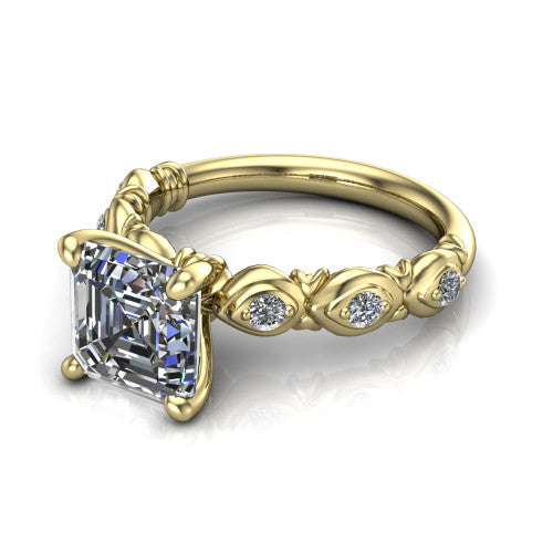 Nyla square emerald-cut solitaire engagement ring in 14K Yellow Gold, three-quarter perspective showing the square emerald-cut center diamond above a vintage marquise-station accent band