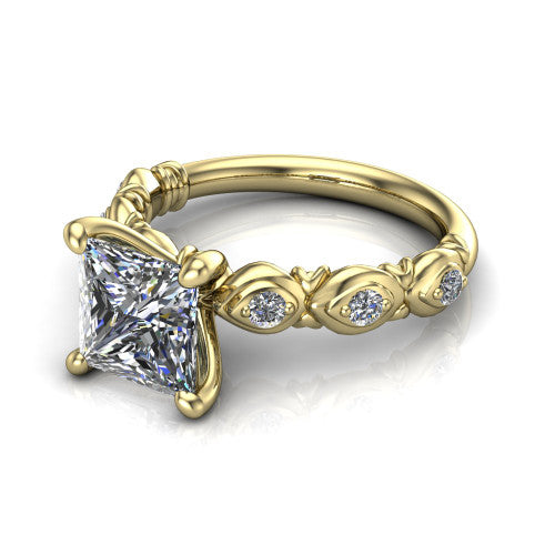 Nyla princess-cut solitaire engagement ring in 14K Yellow Gold, three-quarter perspective showing the princess-cut center diamond above a vintage marquise-station accent band