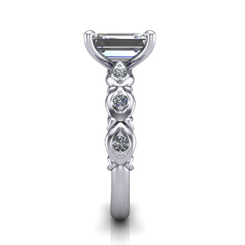 Nyla emerald-cut solitaire engagement ring in 14K White Gold, side profile showing the vintage station band in side view