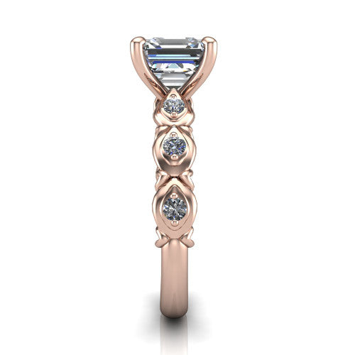 Nyla square emerald-cut solitaire engagement ring in 14K Rose Gold, side profile showing the vintage station band in side view