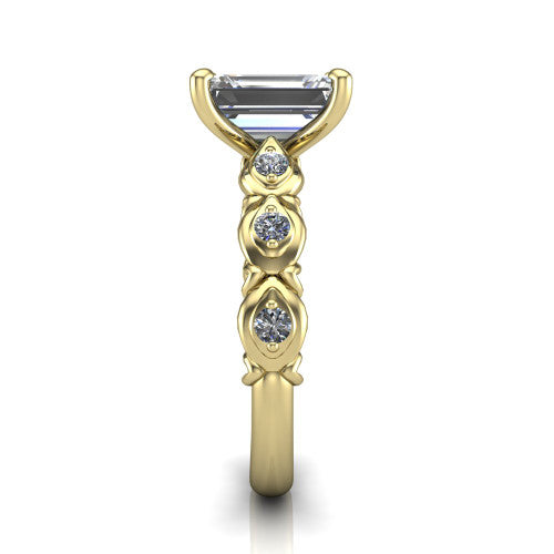 Nyla emerald-cut solitaire engagement ring in 14K Yellow Gold, side profile showing the vintage station band in side view