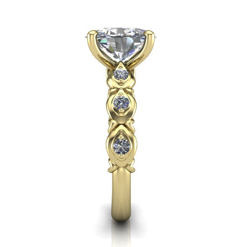 Nyla oval solitaire engagement ring in 18K Yellow Gold, side profile showing the vintage station band in side view