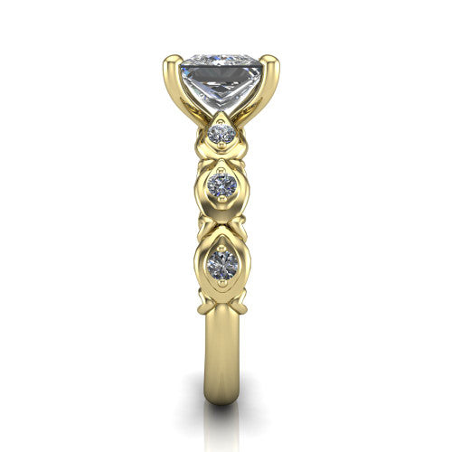 Nyla princess-cut solitaire engagement ring in 14K Yellow Gold, side profile showing the vintage station band in side view