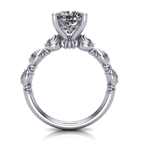 Nyla cushion solitaire engagement ring in Platinum, through-finger front profile showing the marquise-and-dot band and open gallery from the front
