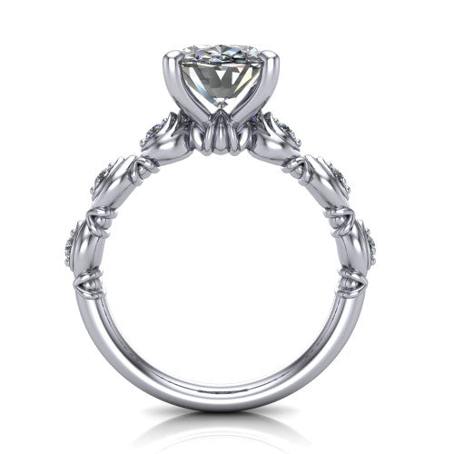 Nyla oval solitaire engagement ring in 14K White Gold, through-finger front profile showing the marquise-and-dot band and open gallery from the front