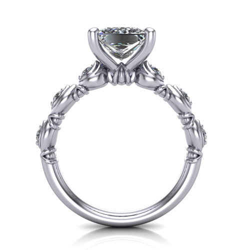 Nyla princess-cut solitaire engagement ring in Platinum, through-finger front profile showing the marquise-and-dot band and open gallery from the front