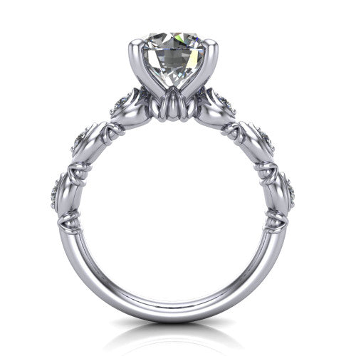 Nyla round solitaire engagement ring in Platinum, through-finger front profile showing the marquise-and-dot band and open gallery from the front
