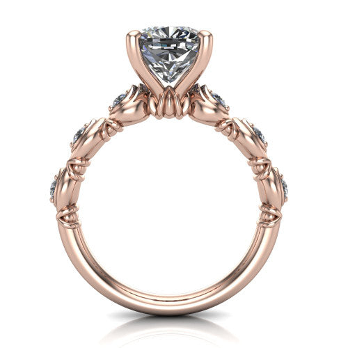 Nyla cushion solitaire engagement ring in 14K Rose Gold, through-finger front profile showing the marquise-and-dot band and open gallery from the front