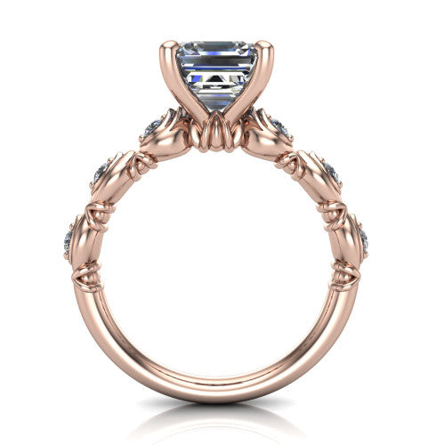 Nyla square emerald-cut solitaire engagement ring in 14K Rose Gold, through-finger front profile showing the marquise-and-dot band and open gallery from the front