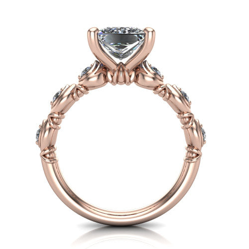 Nyla princess-cut solitaire engagement ring in 14K Rose Gold, through-finger front profile showing the marquise-and-dot band and open gallery from the front