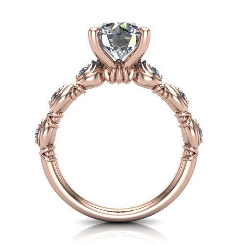 Nyla round solitaire engagement ring in 14K Rose Gold, through-finger front profile showing the marquise-and-dot band and open gallery from the front