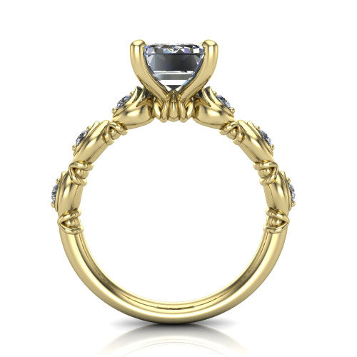 Nyla emerald-cut solitaire engagement ring in 18K Yellow Gold, through-finger front profile showing the marquise-and-dot band and open gallery from the front