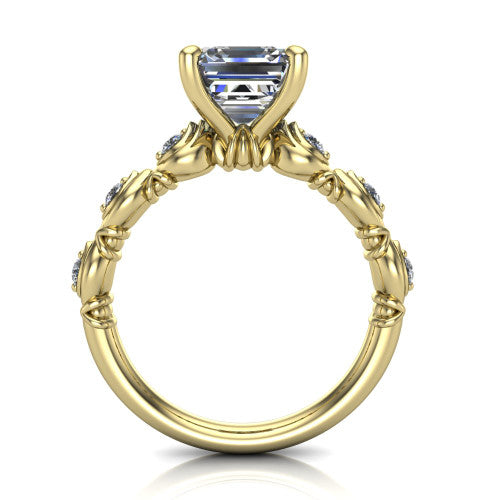 Nyla square emerald-cut solitaire engagement ring in 14K Yellow Gold, through-finger front profile showing the marquise-and-dot band and open gallery from the front