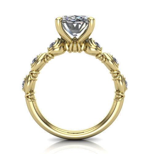 Nyla oval solitaire engagement ring in 14K Yellow Gold, through-finger front profile showing the marquise-and-dot band and open gallery from the front