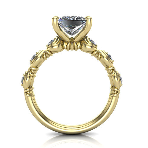 Nyla princess-cut solitaire engagement ring in 18K Yellow Gold, through-finger front profile showing the marquise-and-dot band and open gallery from the front