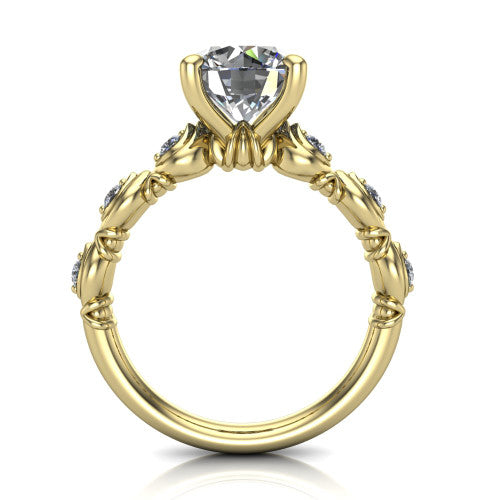 Nyla round solitaire engagement ring in 18K Yellow Gold, through-finger front profile showing the marquise-and-dot band and open gallery from the front