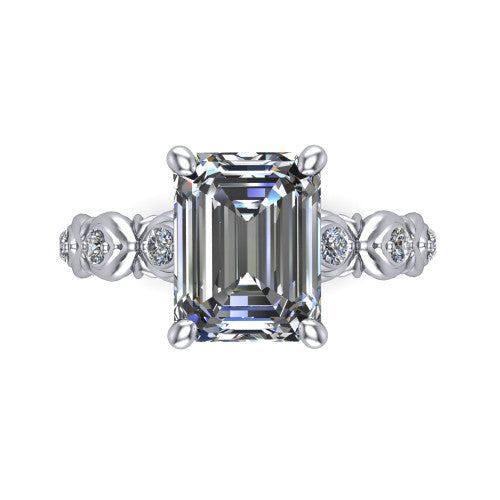 Nyla emerald-cut solitaire engagement ring in Platinum, top-down view showing the emerald-cut center diamond and station shoulders from above