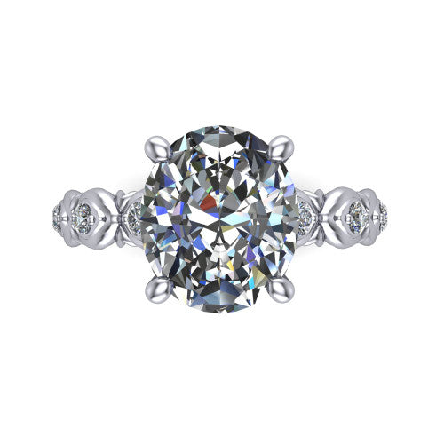 Nyla oval solitaire engagement ring in 18K White Gold, top-down view showing the oval center diamond and station shoulders from above