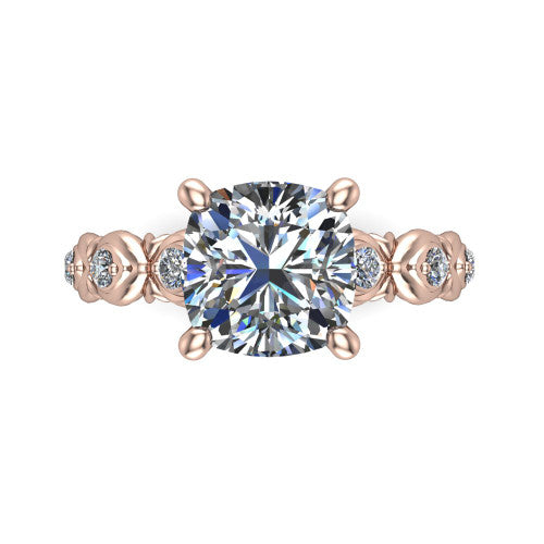 Nyla cushion solitaire engagement ring in 14K Rose Gold, top-down view showing the cushion center diamond and station shoulders from above
