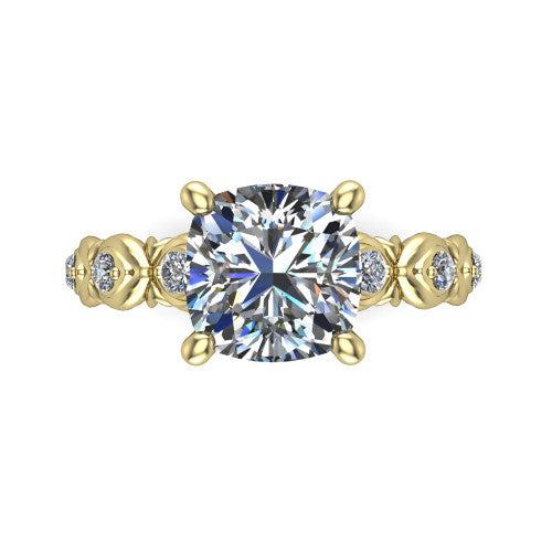 Nyla cushion solitaire engagement ring in 14K Yellow Gold, top-down view showing the cushion center diamond and station shoulders from above