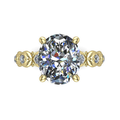 Nyla oval solitaire engagement ring in 18K Yellow Gold, top-down view showing the oval center diamond and station shoulders from above