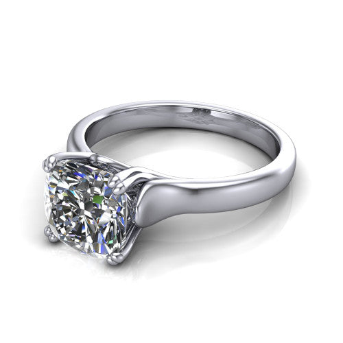 Faith cushion classic engagement ring in 18K White Gold, three-quarter perspective showing the cushion center diamond in a four-prong cathedral head on a polished band