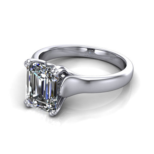 Faith emerald-cut classic engagement ring in 14K White Gold, three-quarter perspective showing the emerald-cut center diamond in a four-prong cathedral head on a polished band