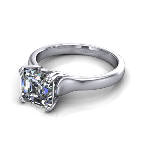Faith square emerald-cut classic engagement ring in Platinum, three-quarter perspective showing the square emerald-cut center diamond in a four-prong cathedral head on a polished band