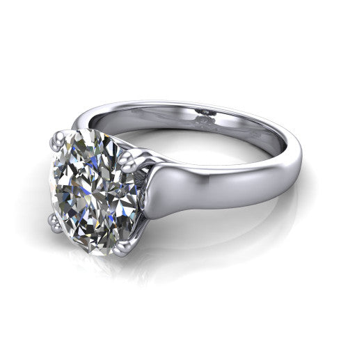 Faith oval classic engagement ring in Platinum, three-quarter perspective showing the oval center diamond in a four-prong cathedral head on a polished band