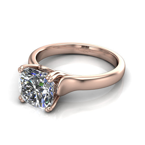 Faith cushion classic engagement ring in 14K Rose Gold, three-quarter perspective showing the cushion center diamond in a four-prong cathedral head on a polished band