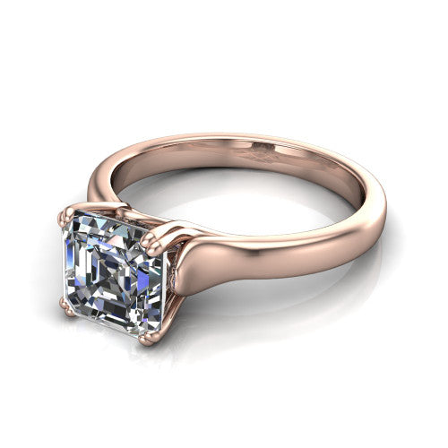 Faith square emerald-cut classic engagement ring in 14K Rose Gold, three-quarter perspective showing the square emerald-cut center diamond in a four-prong cathedral head on a polished band