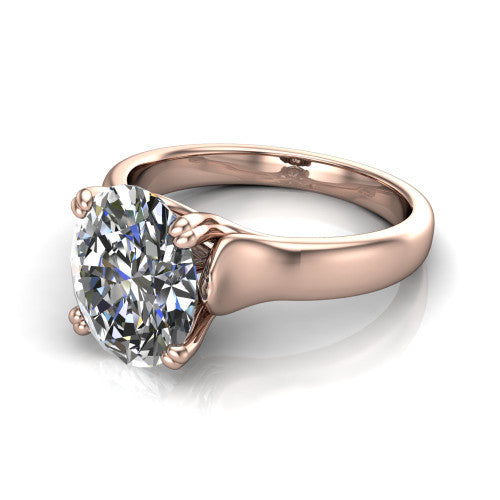 Faith oval classic engagement ring in 18K Rose Gold, three-quarter perspective showing the oval center diamond in a four-prong cathedral head on a polished band